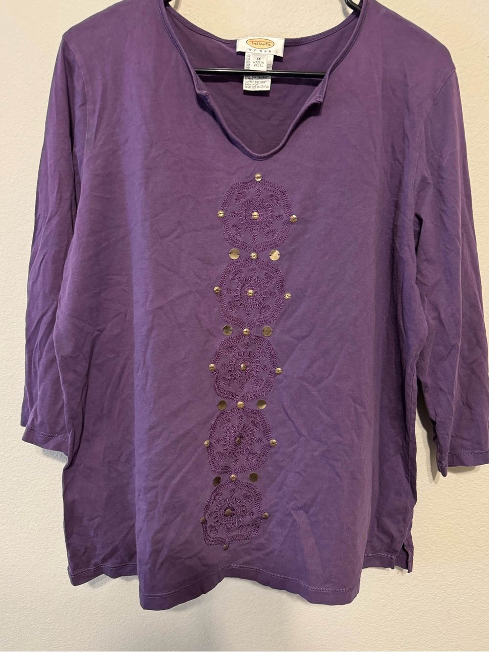 Vintage Talbots Purple Long-Sleeve Crochet-Panel Tee with Gold Accents